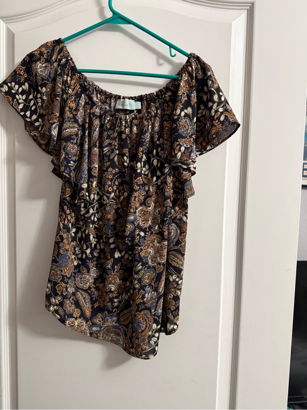 Veronica M Navy Paisley Off-Shoulder Top with Brown Accents